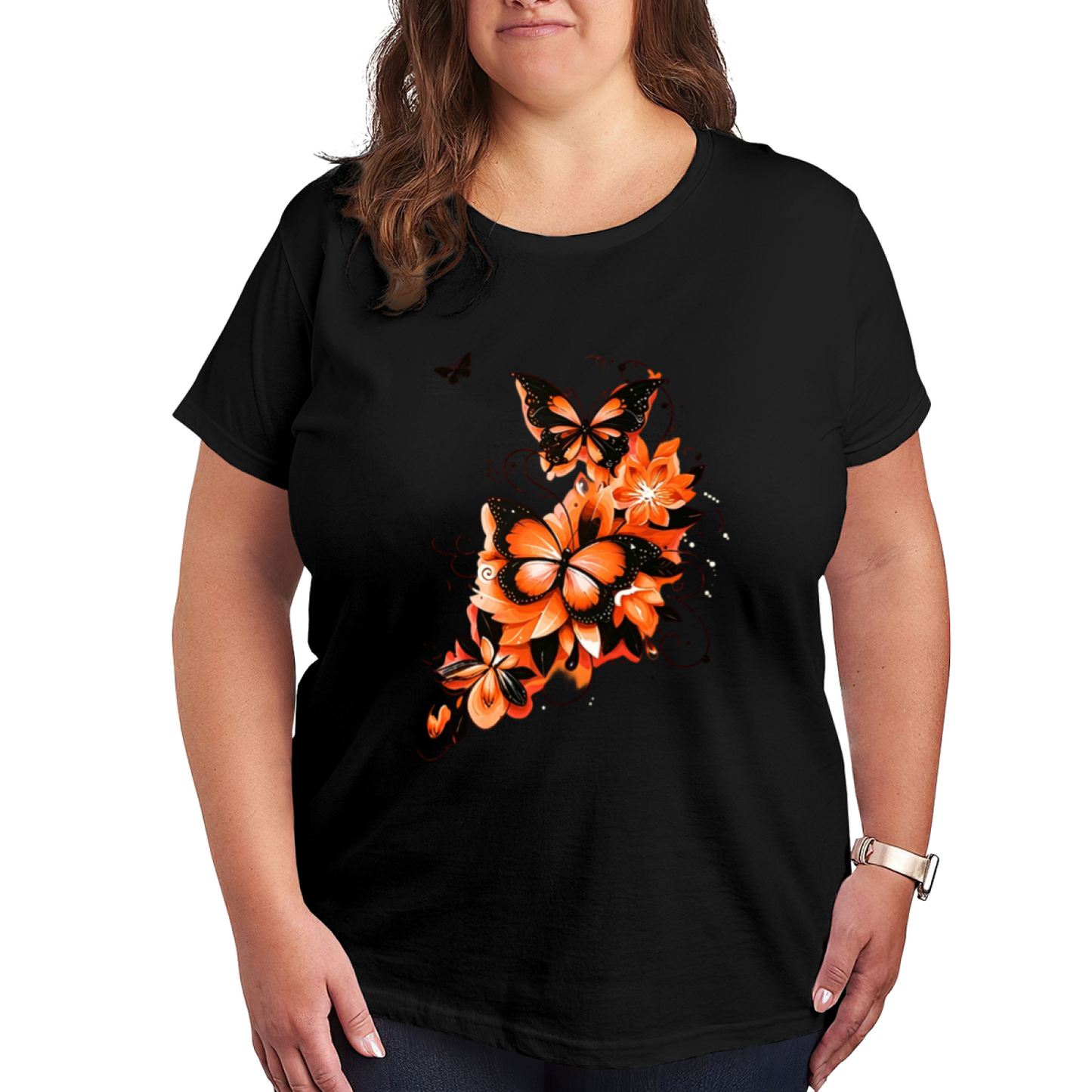 Fiery Orange Floral Black Butterfly Splash Art Print Plus Size Women White T-Shirt