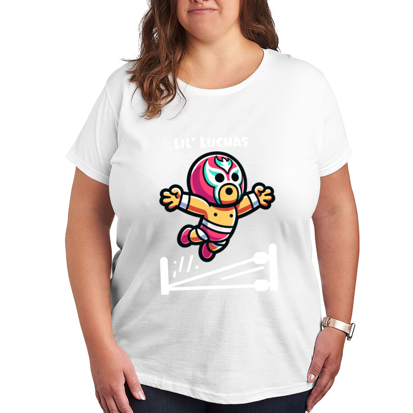 Cute Cartoon Luchador Wrestler Lil Luchas Plus Size Women¡¯s Black Graphic Tee