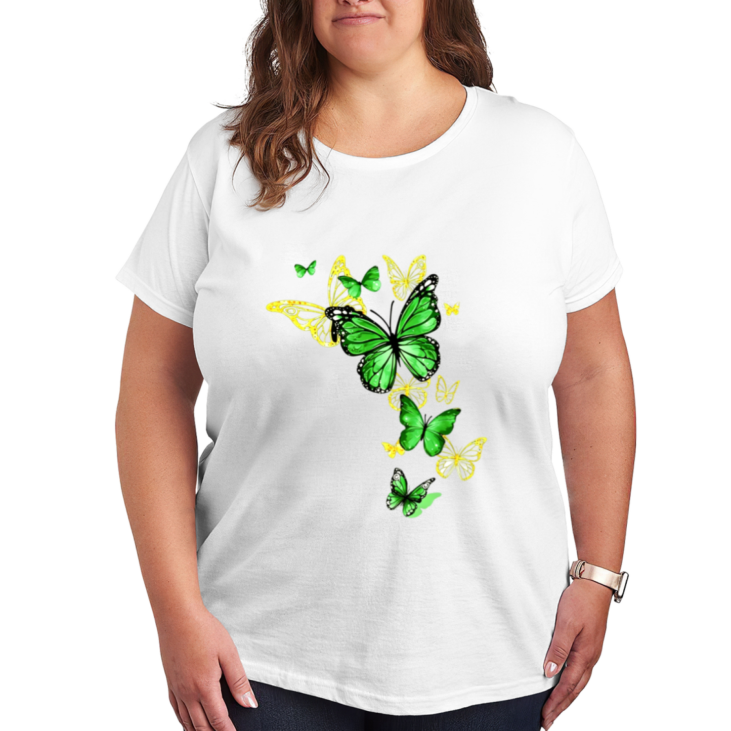 Bright Lime Green & Gold Combo Butterflies Vivid Graphic Plus Size Women Printed T-Shirt