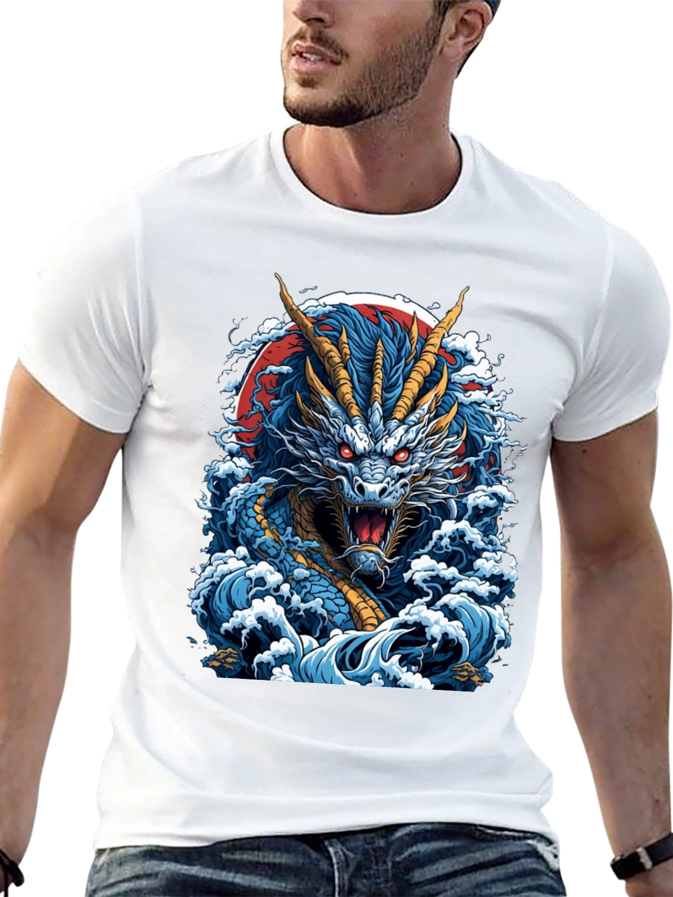Dragon Wave Graphic Print Black T-Shirt