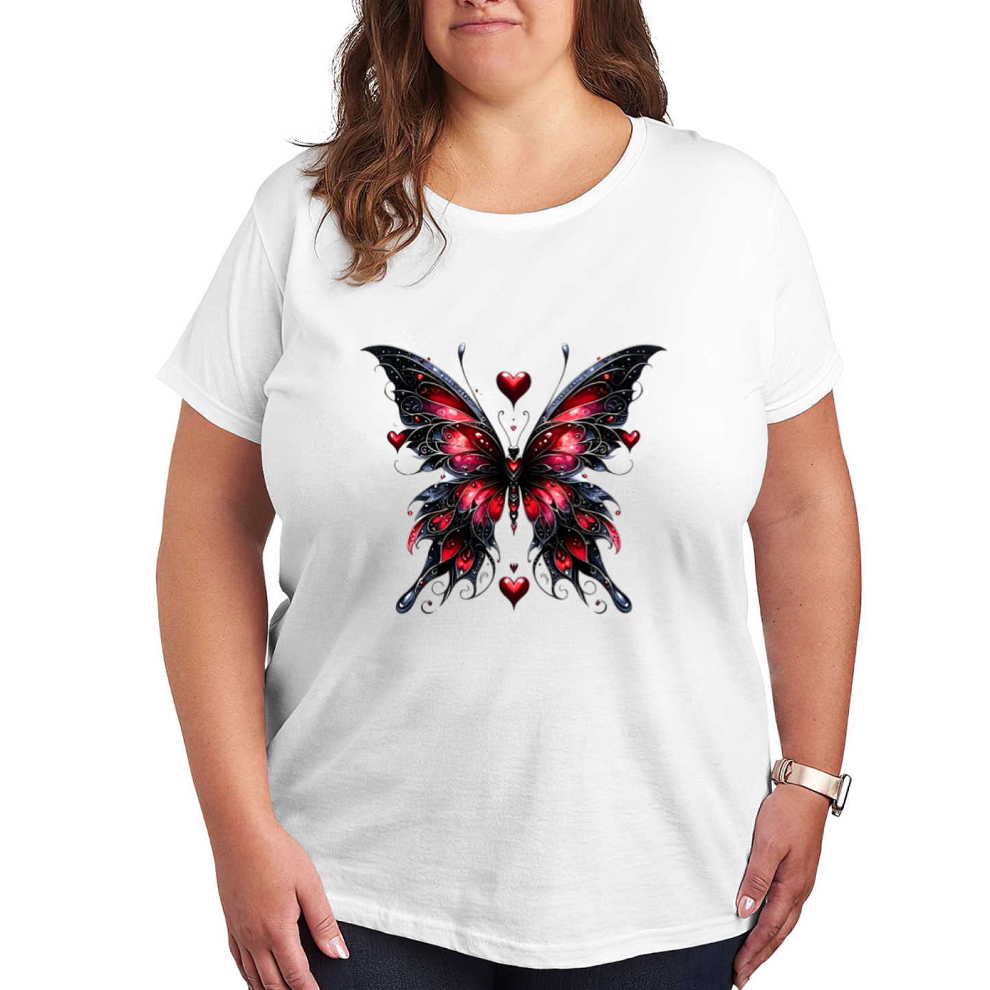 Dark Gothic Red Heart Butterfly Elegant Plus Size Women Graphic Print T-Shirt