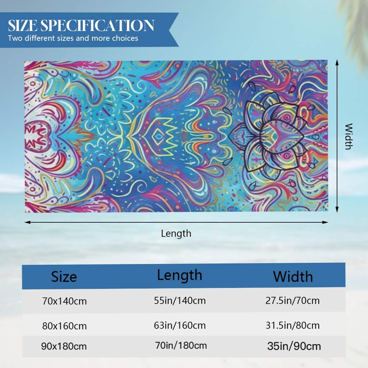 Boho Colorful Lotus Mandala Print Beach Towel, Ultra Soft & Highly Water Absorbent, Multiple Sizes Available for Cozy Beach, Pool & Vacation Use