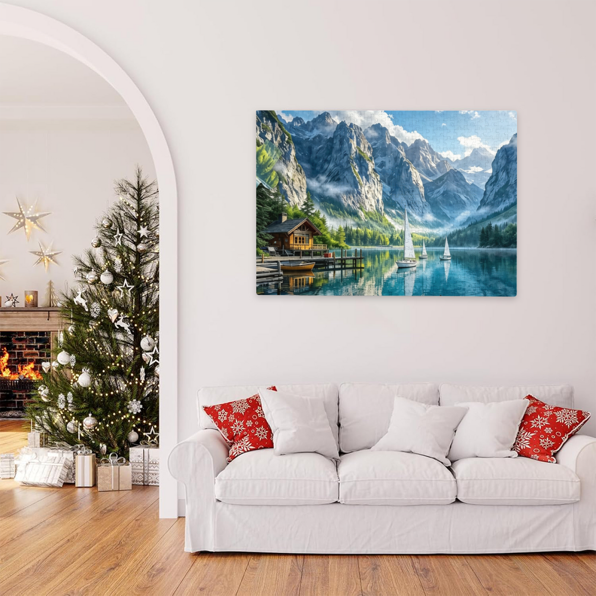 Majestic Alpine Mountain Lake Cabin Sailboat Scenic Puzzle