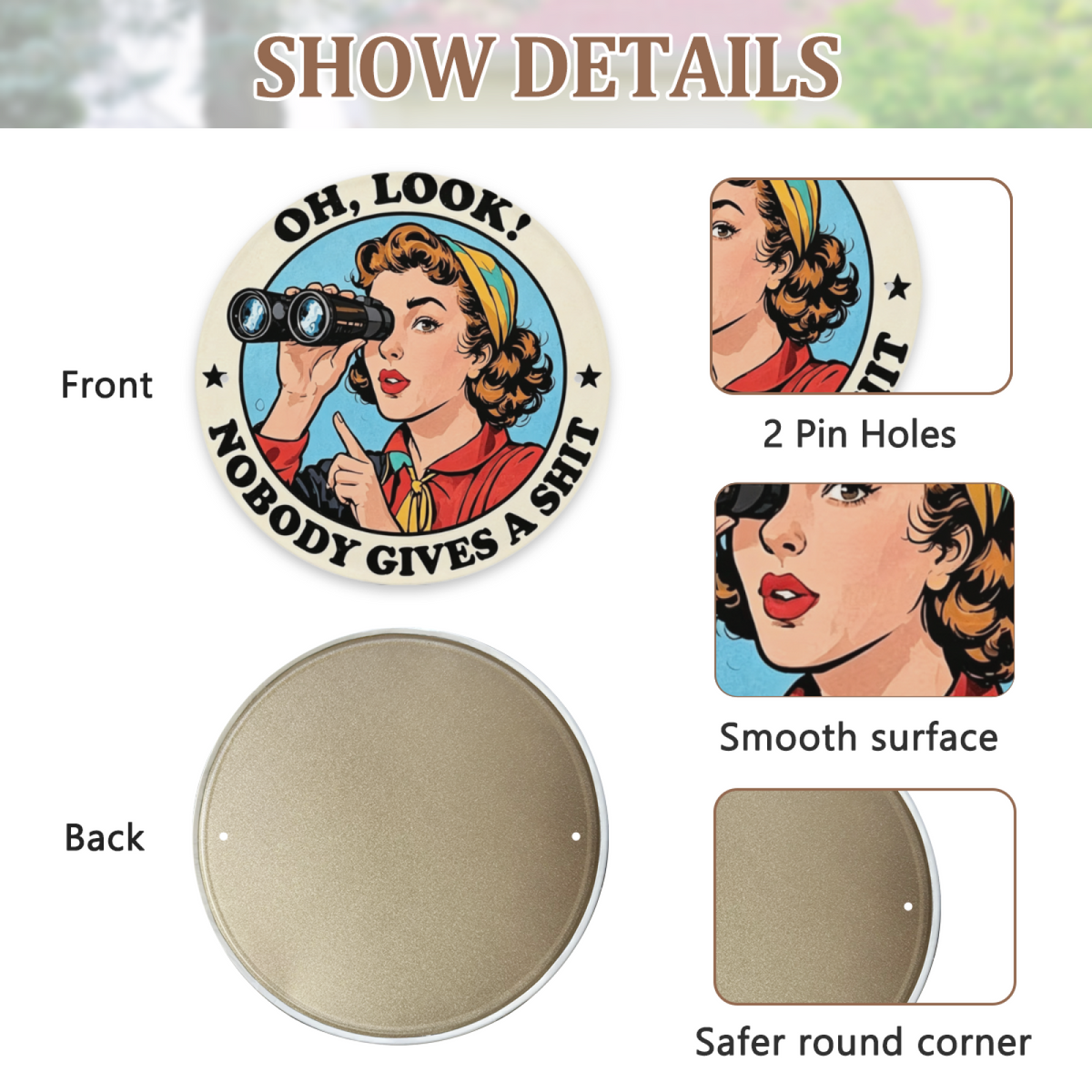 Sassy Retro Pop Art Lady Binoculars Round Metal Sign Funny Sarcasm Wall Decor