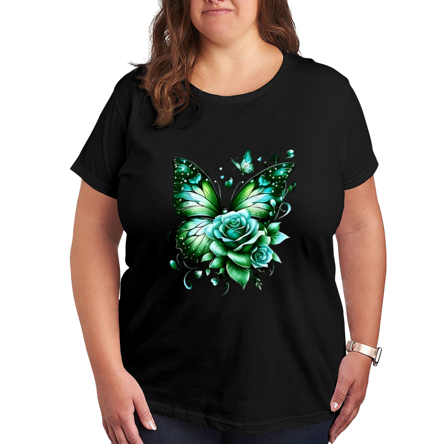 Fresh Green Butterfly & Mint Rose Plus Size Women Printed T-Shirt