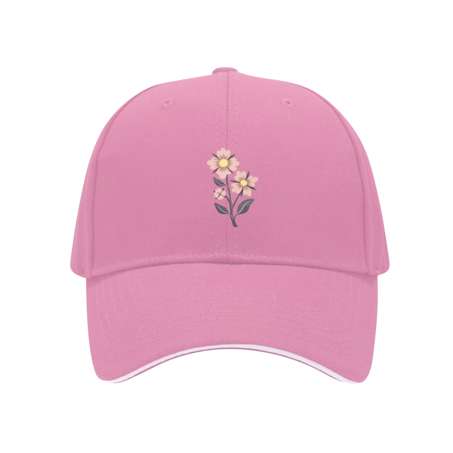 Soft Pink Small Floral Branch White Sandwich Visor Baseball Cap, Gentle Floral Ladies Hat