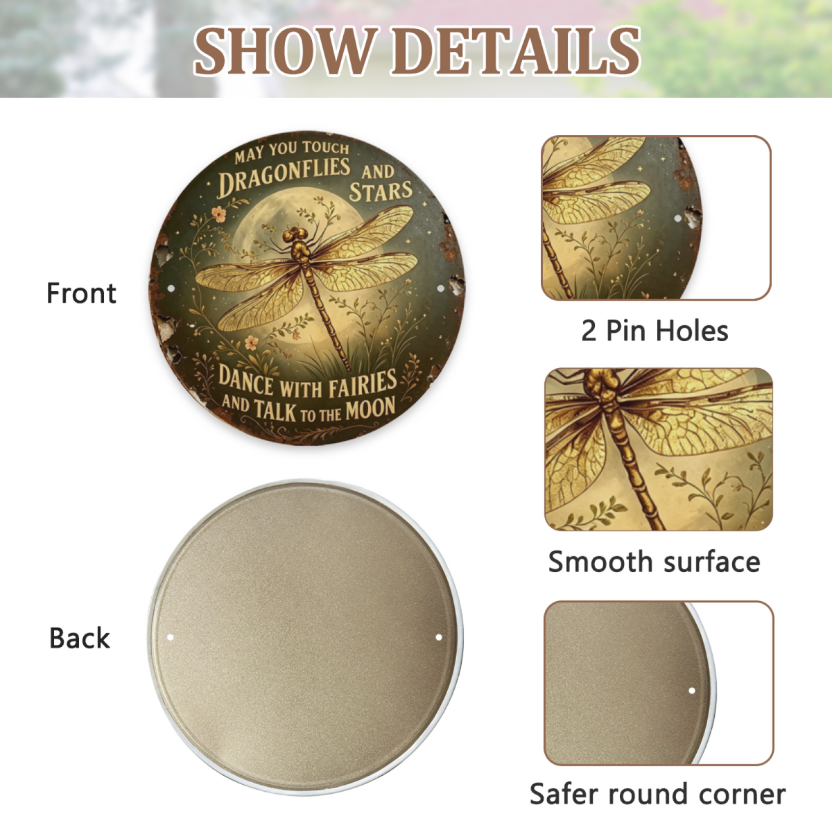 Whimsical Dragonfly Moon Round Metal Tin Sign ¨C May You Touch Dragonflies And Stars