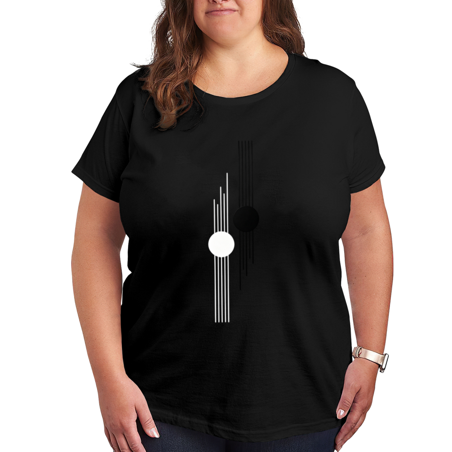Minimalist Black White Line Circle Abstract Art Plus Size Women Printed T-Shirt