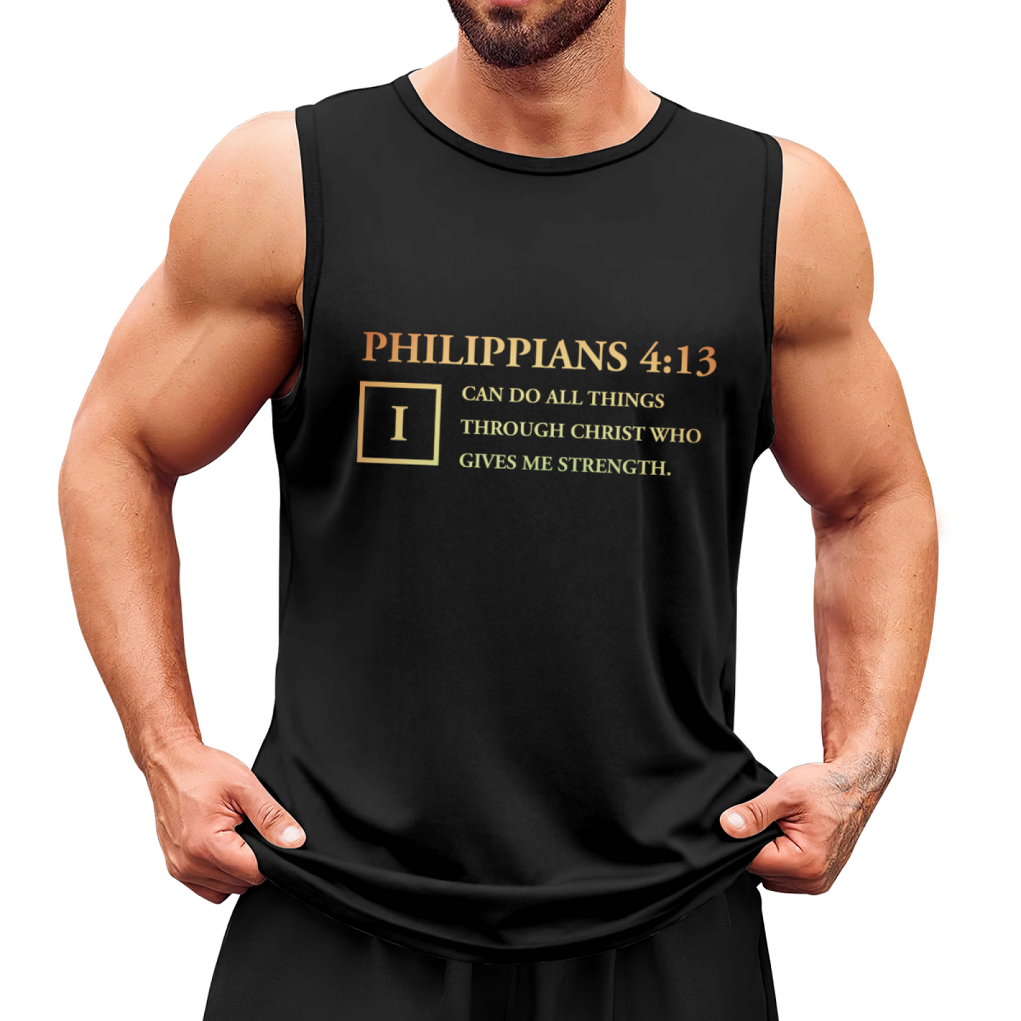 Philippians 4:13 Faith Bible Verse Gold Print Religious Tank