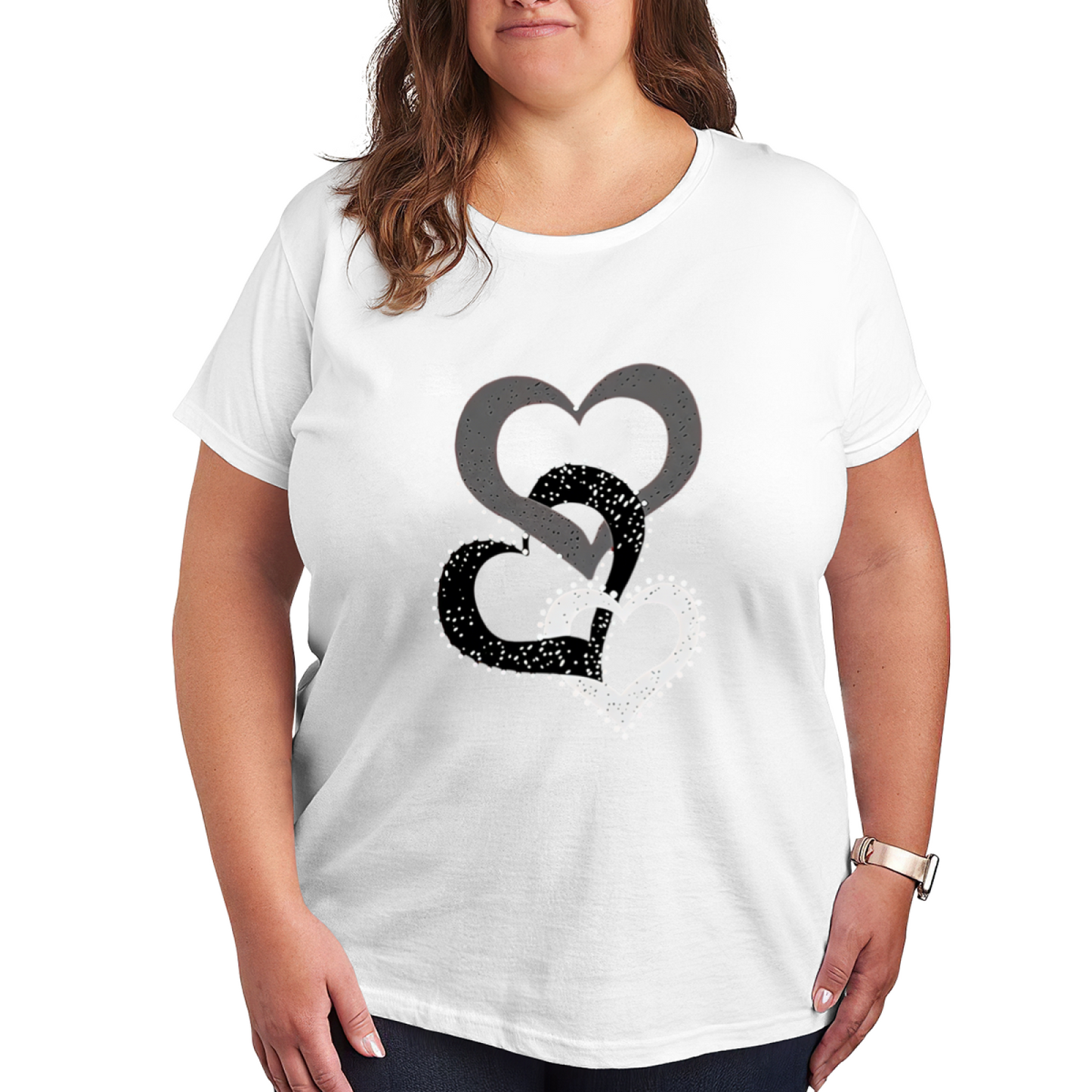 Sparkling Grey White Overlay Rhinestone Hearts Plus Size Women Printed T-Shirt