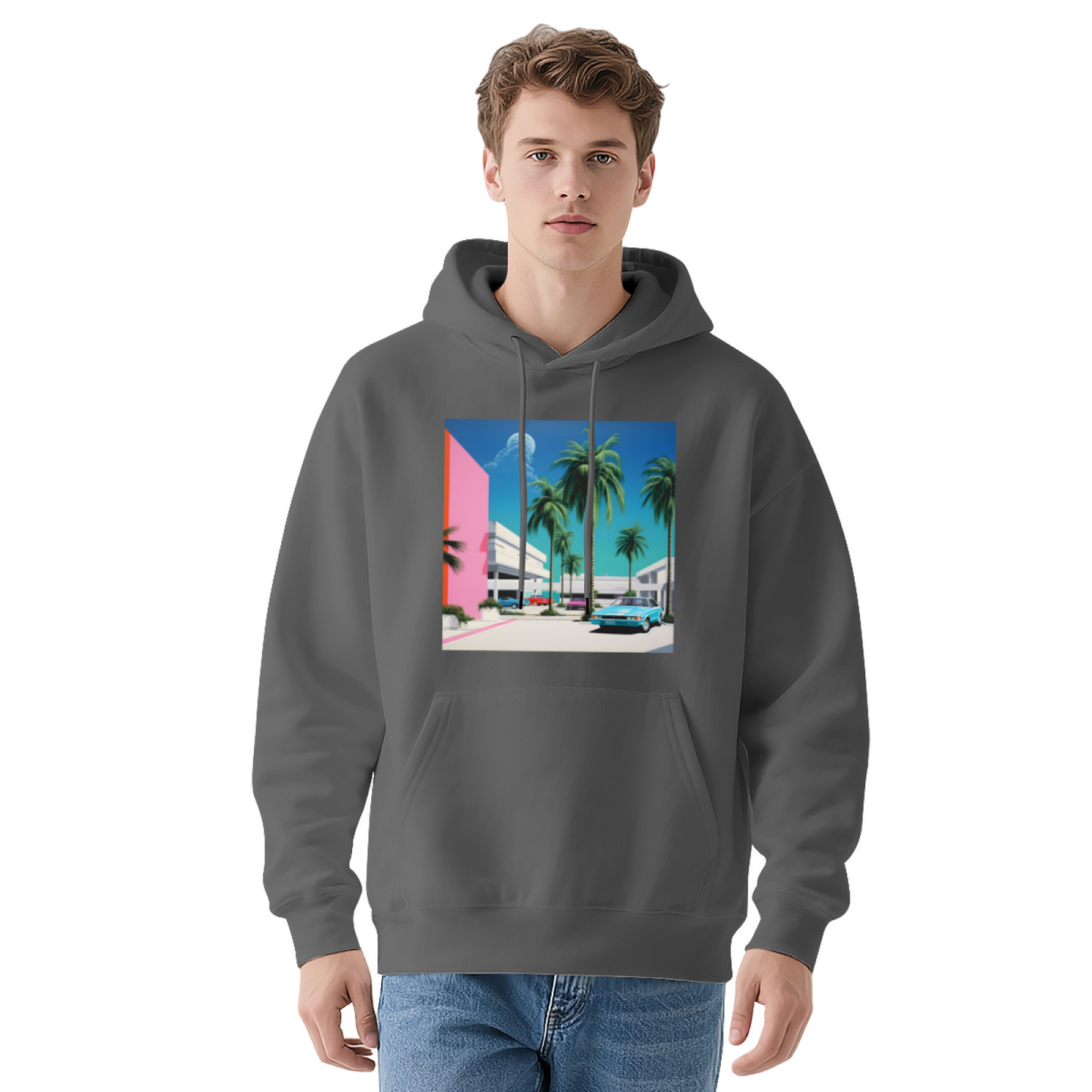 90s Vaporwave Palm Tree Retro Car Art Hoodie, Unisex Cozy Comfort Pullover