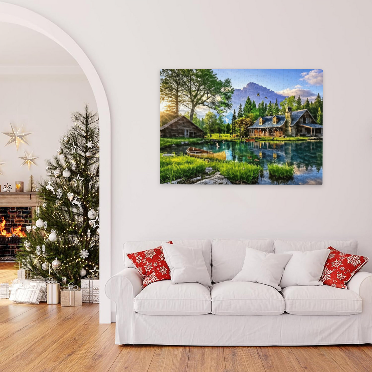 Serene Summer Mountain Lake Cabin & Canoe Nature Scenic Puzzle | 300/500/1000 Pieces