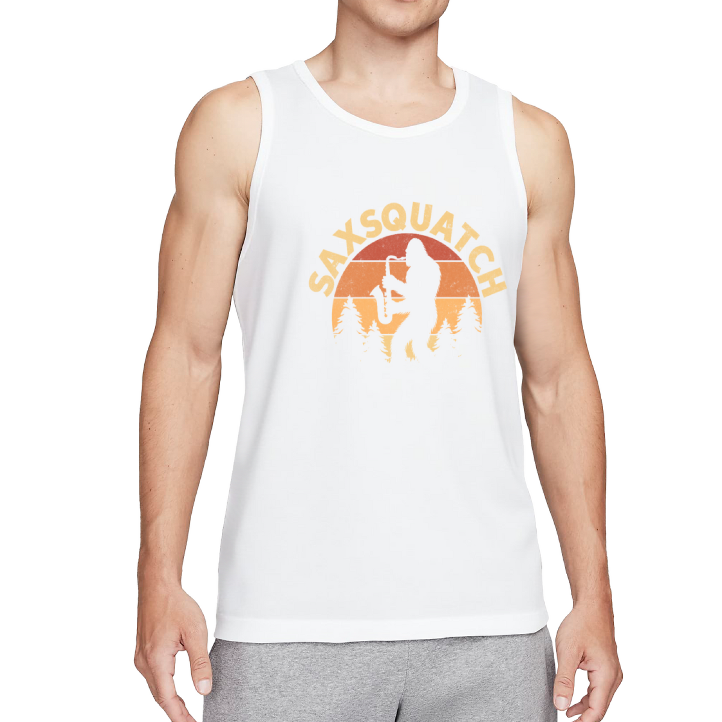 Saxsquatch Retro Sunset Bigfoot Playing Saxophone Funny Tank