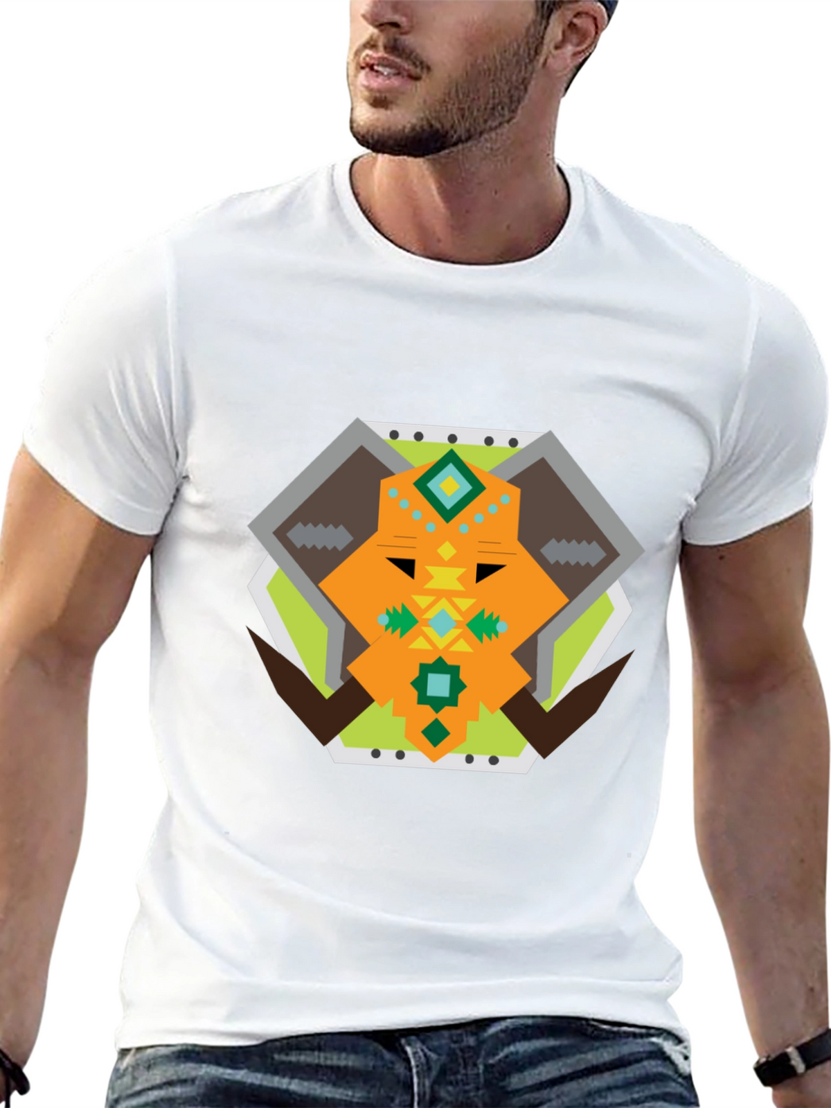 Geometric Bull Graphic Tee - Black Cotton T-Shirt