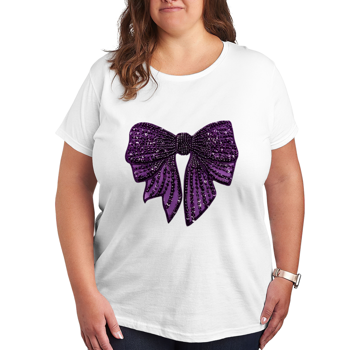 Luxury Rhinestone Shiny Purple Big Bow Glam Plus Size Women Printed T-Shirt