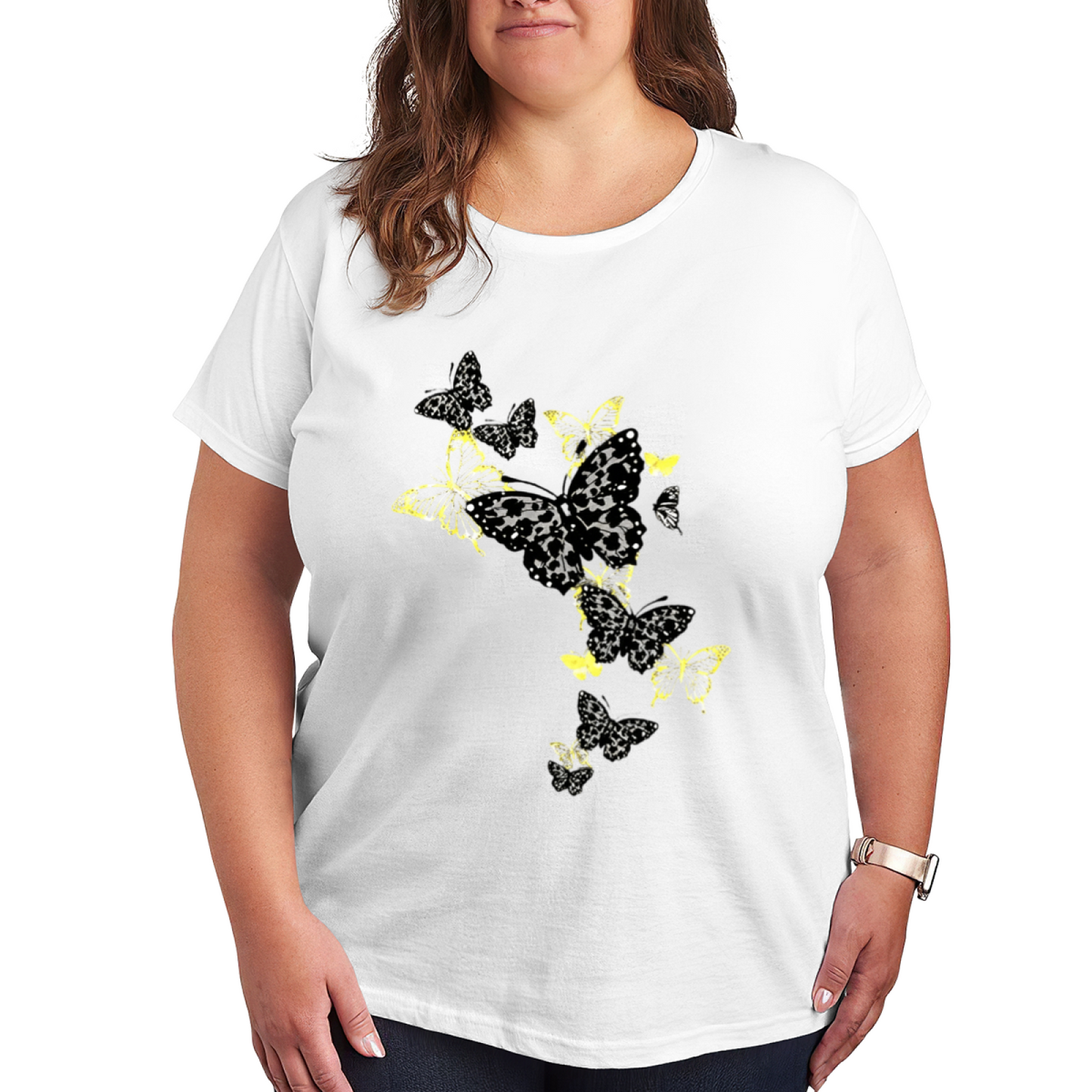 Cool Yellow Leopard Butterfly Cluster Trendy Plus Size Women Printed T-Shirt