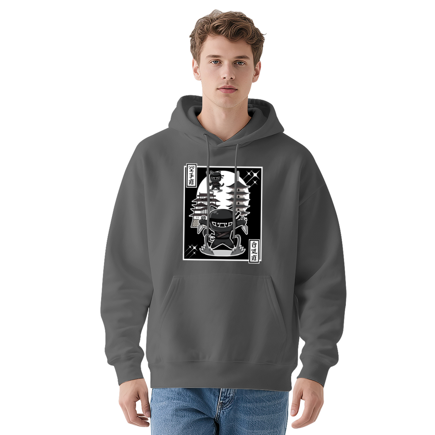 Retro Japanese Ninja Samurai Cat Ukiyo-e Hoodie, Unisex Comfort Anime Streetwear
