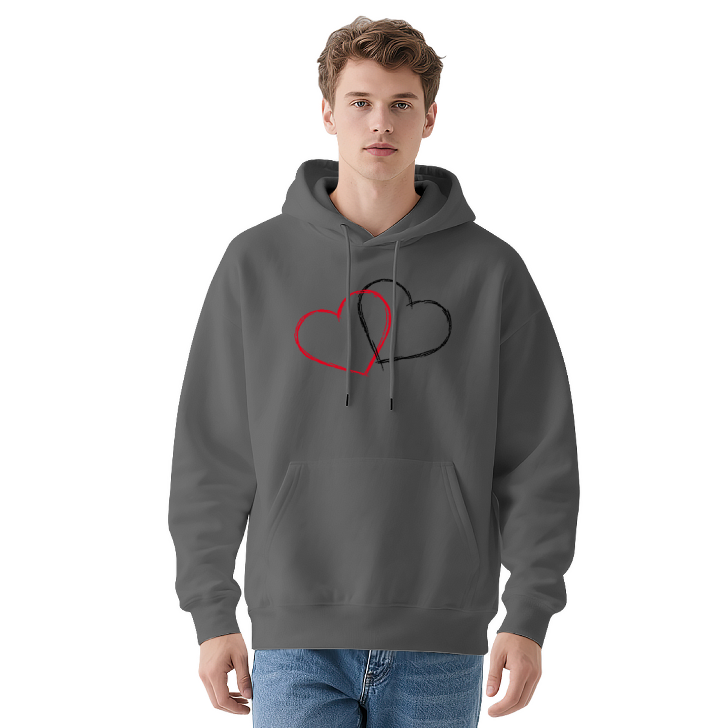 Intertwined Red Black Sketch Hearts White Hoodie, Soft Couple Casual Top