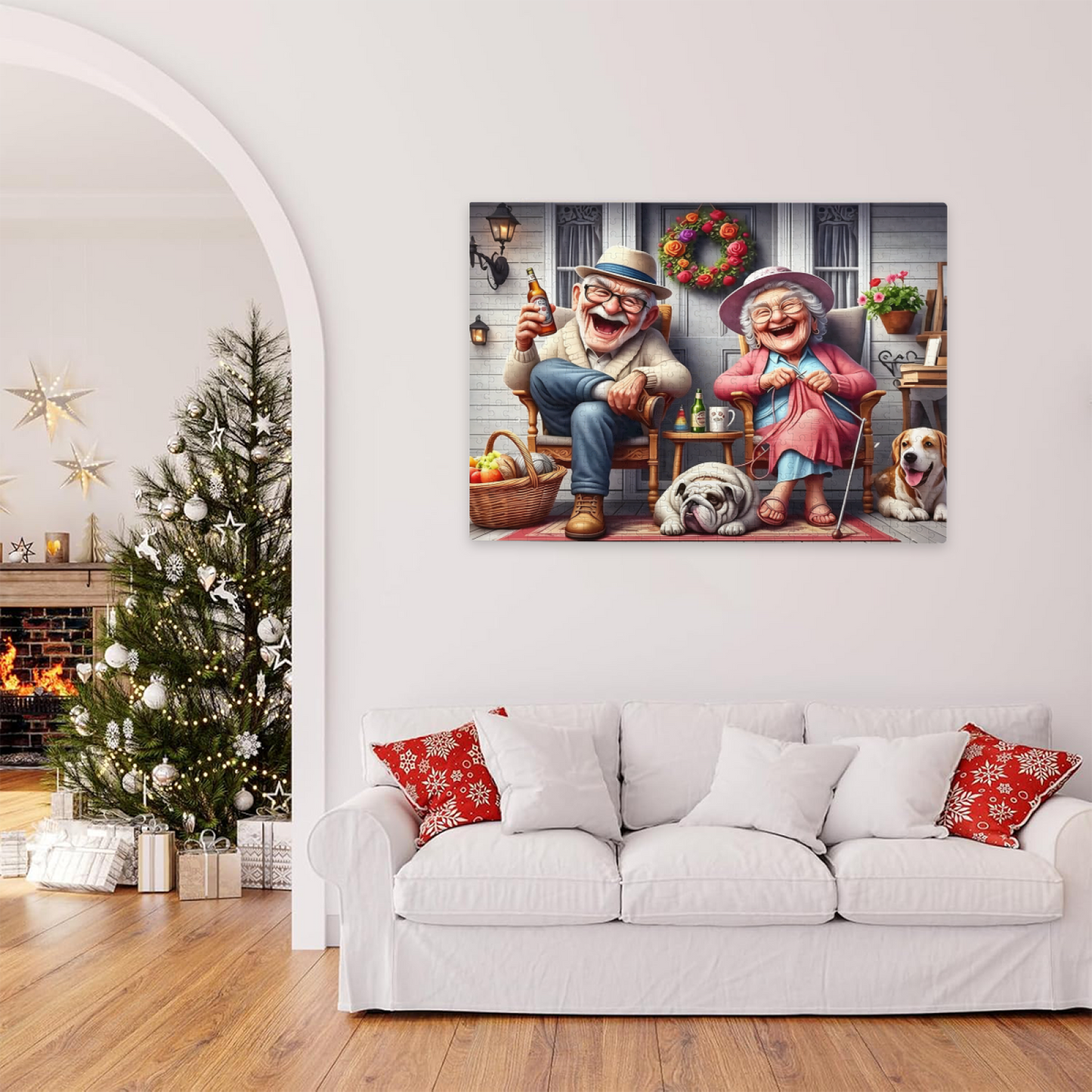 Warm Porch Elderly Couple with Cute Pets Jigsaw Puzzle | Cozy Retirement Life Cartoon Puzzle 300/500/1000pcs
