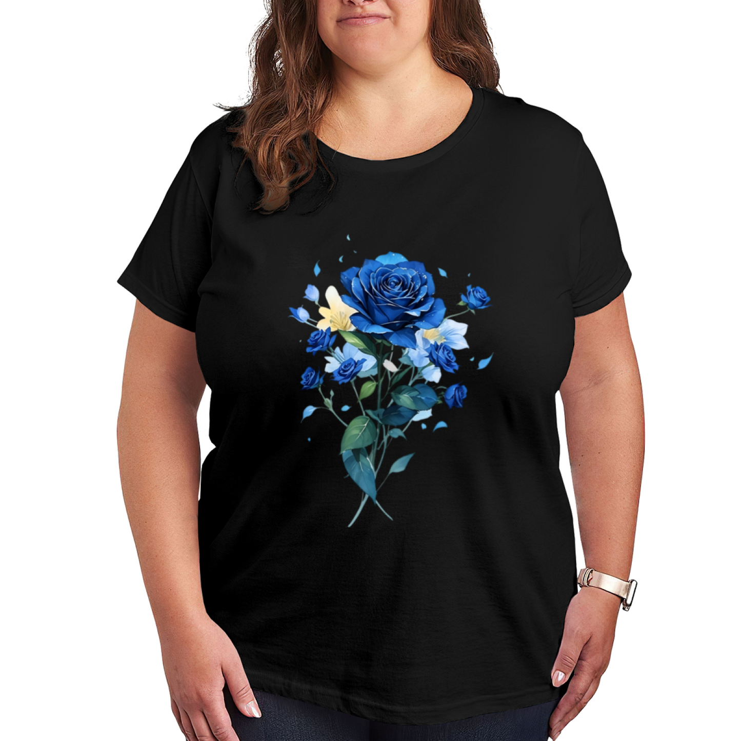 Stunning Watercolor Blue Rose Bouquet Dreamy Plus Size Women Printed T-Shirt