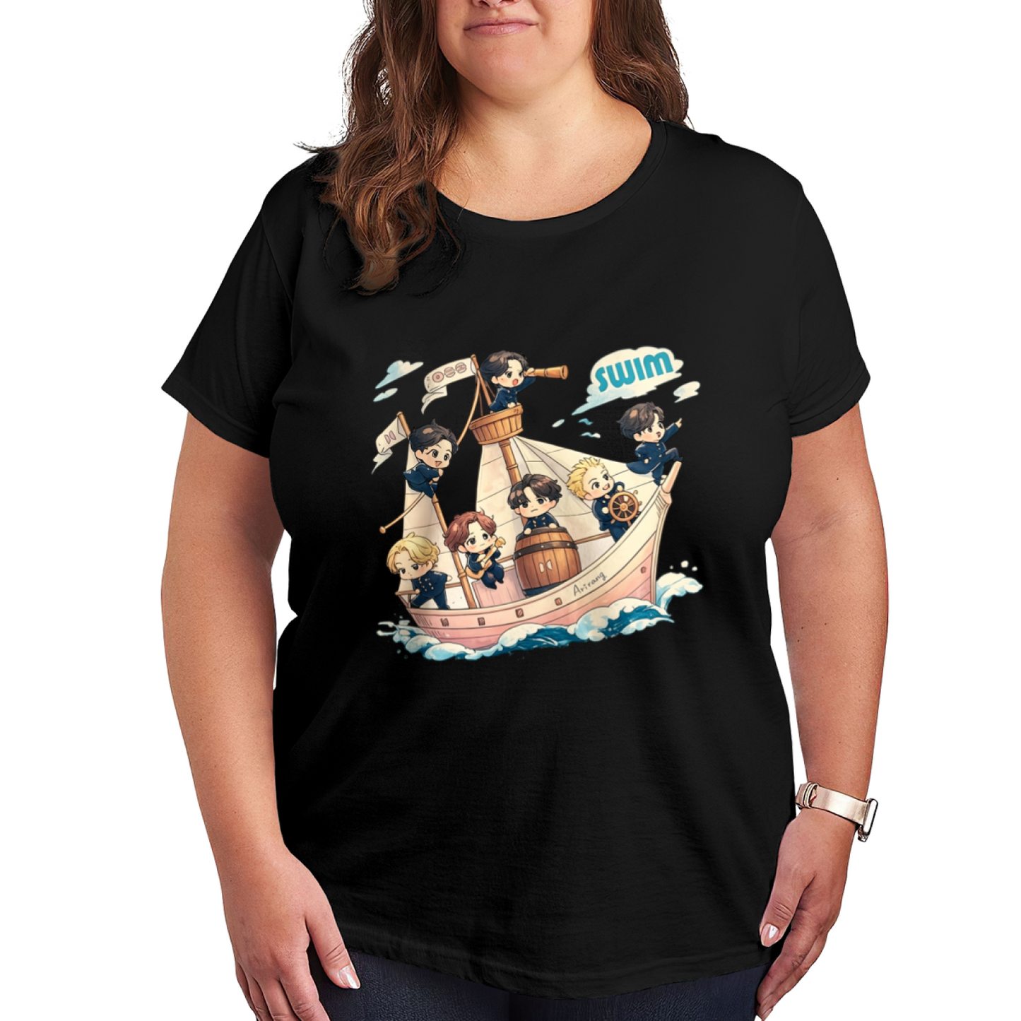 Cute Cartoon Boys Sail Ship Swim Anime Plus Size Women's Printed T-Shirt