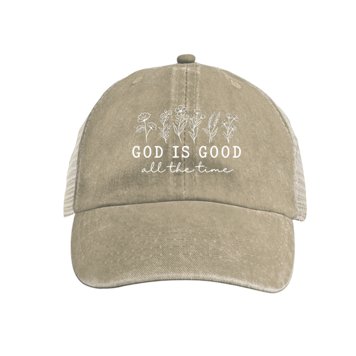 God Is Good All The Time Wildflower Maroon Washed Trucker Hat Faith Daily Mesh Cap