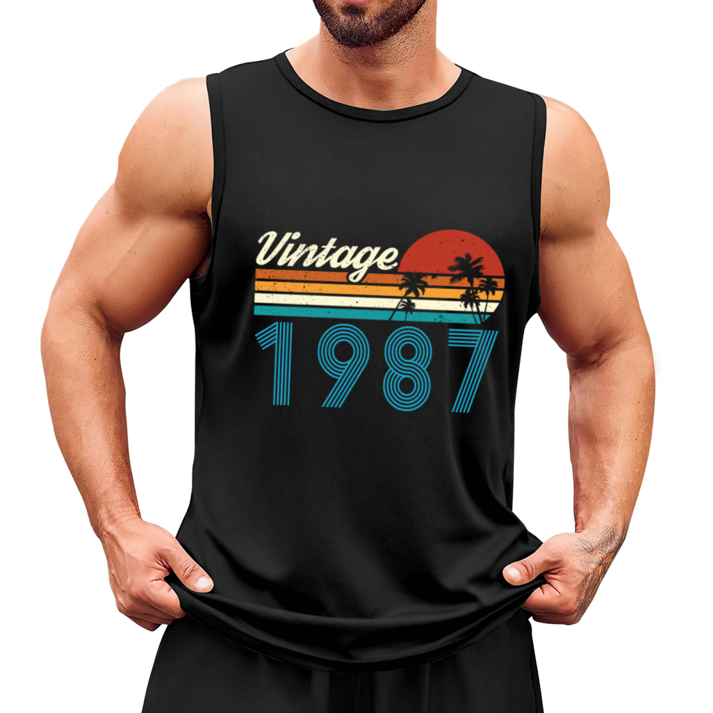 Vintage 1987 Retro Sunset Palm Tree Birthday Tank Top For Men