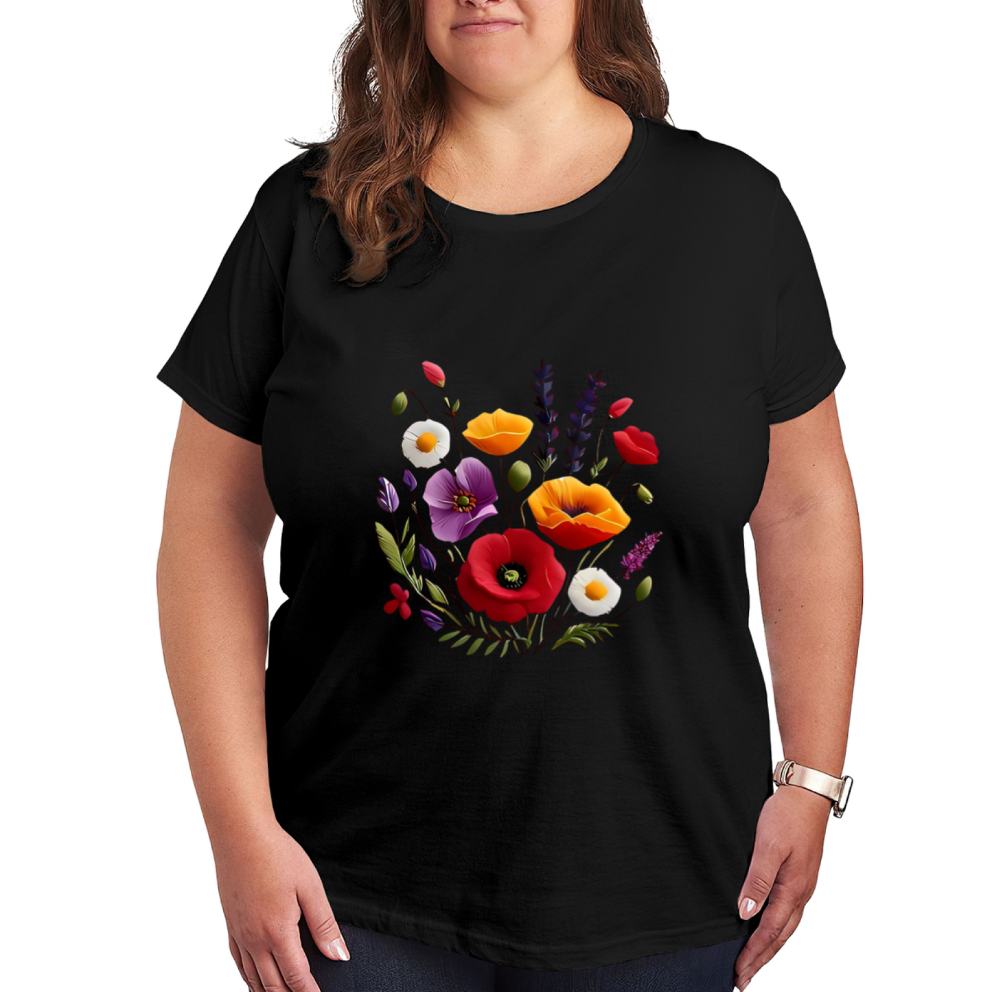 Colorful Mixed Wild Poppy Floral Bouquet Plus Size Ladies White Casual T-Shirt