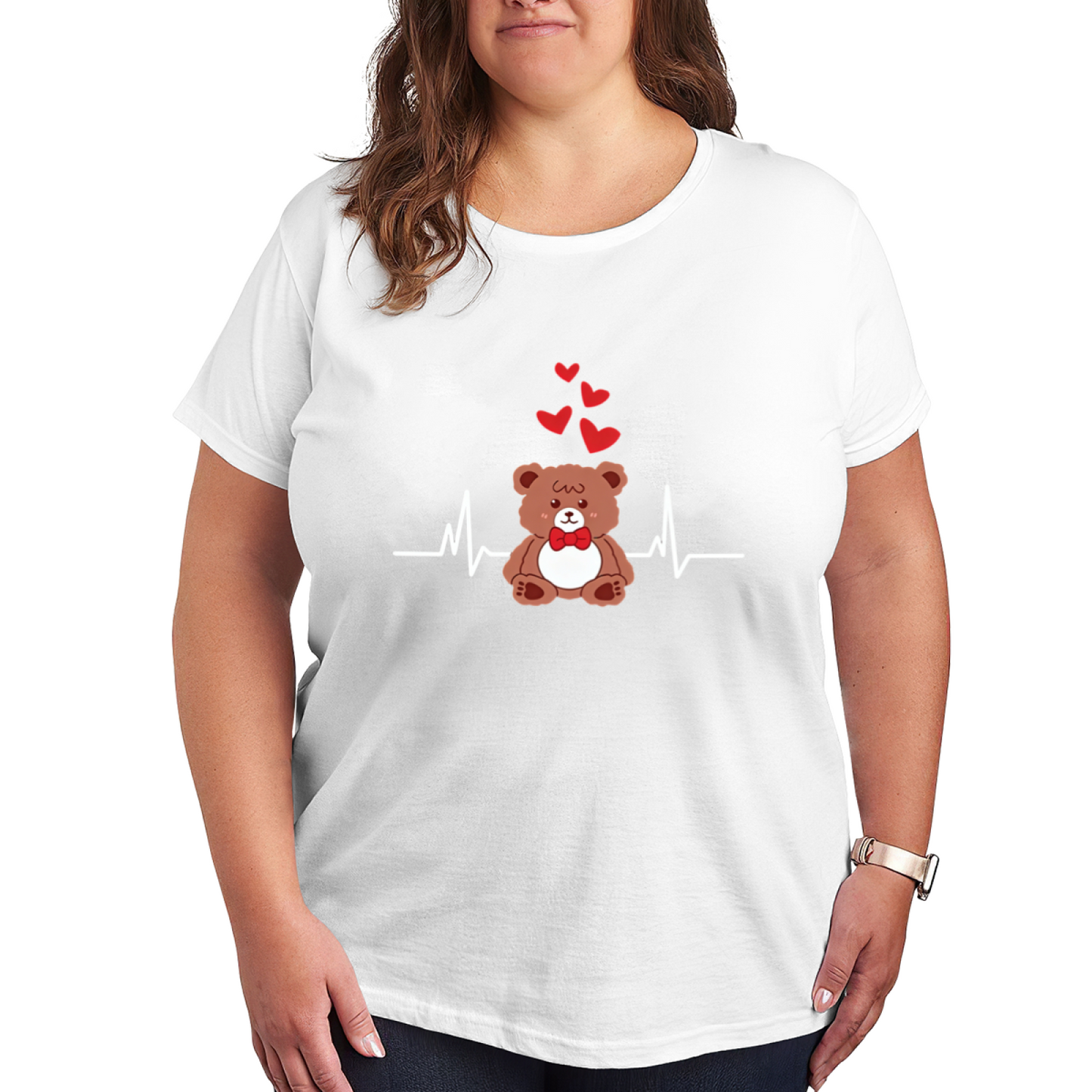 Sweet Teddy Bear Heartbeat Love Cartoon Plus Size Women Graphic Tee