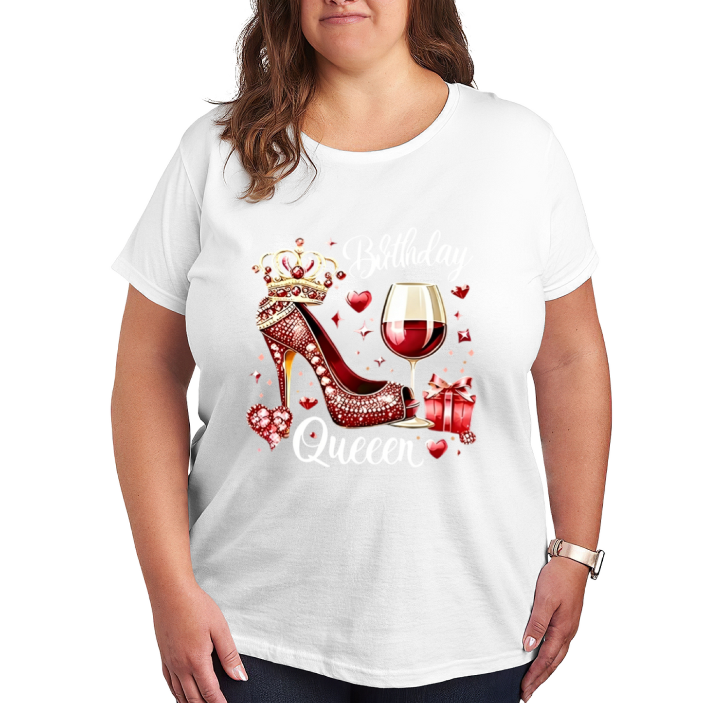 Luxury Birthday Queen Red Heel Wine Crown Gift Graphic Plus Size Women Printed T-Shirt