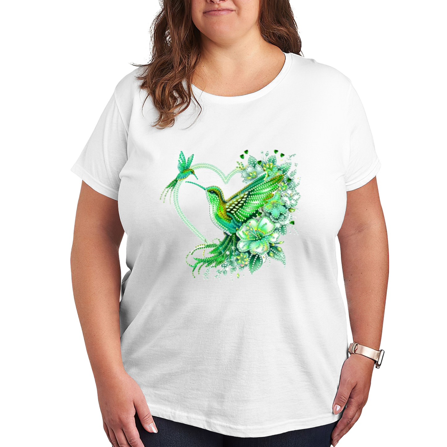 Sparkling Green Hummingbird Floral Hollow Heart Plus Size Women Printed T-Shirt