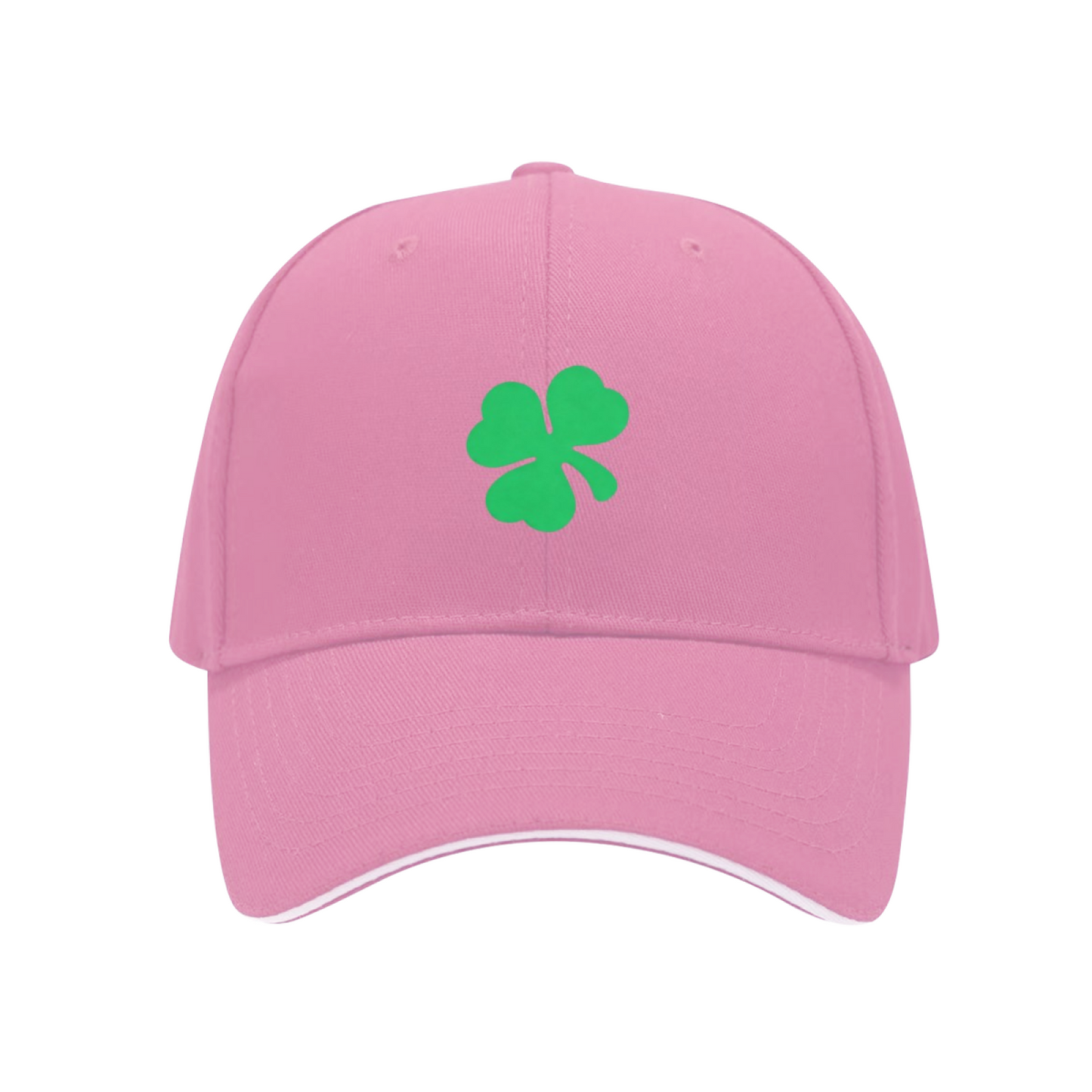 Bright Green Four-Leaf Clover White Sandwich Baseball Cap, Lucky Irish Vibe Hat