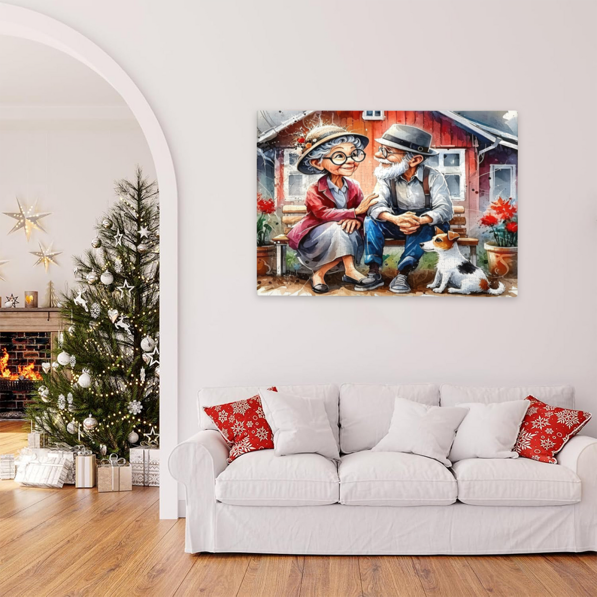 Sweet Elderly Couple & Puppy ¨C Warm Country Backyard Watercolor Puzzle