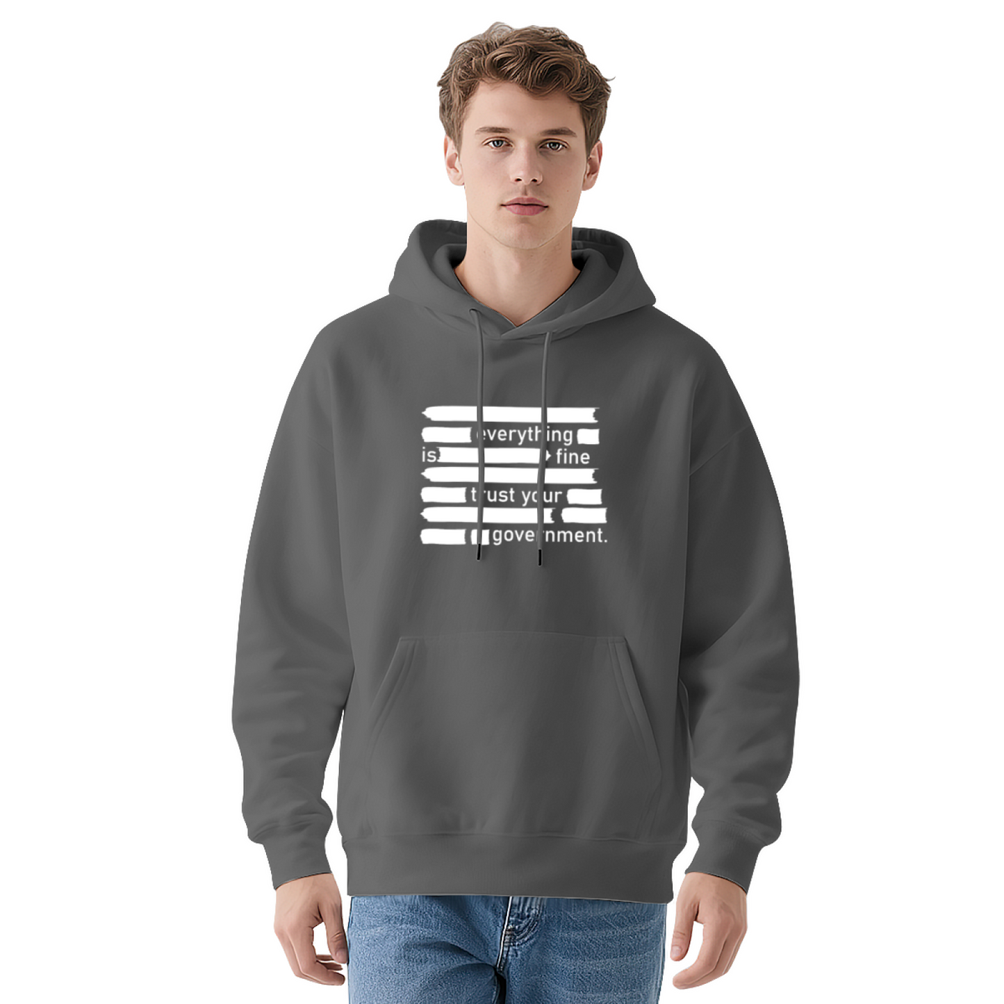 Trendy Satire Everything Is Fine Distressed Print Navy Hoodie, Cozy Relaxed Cut