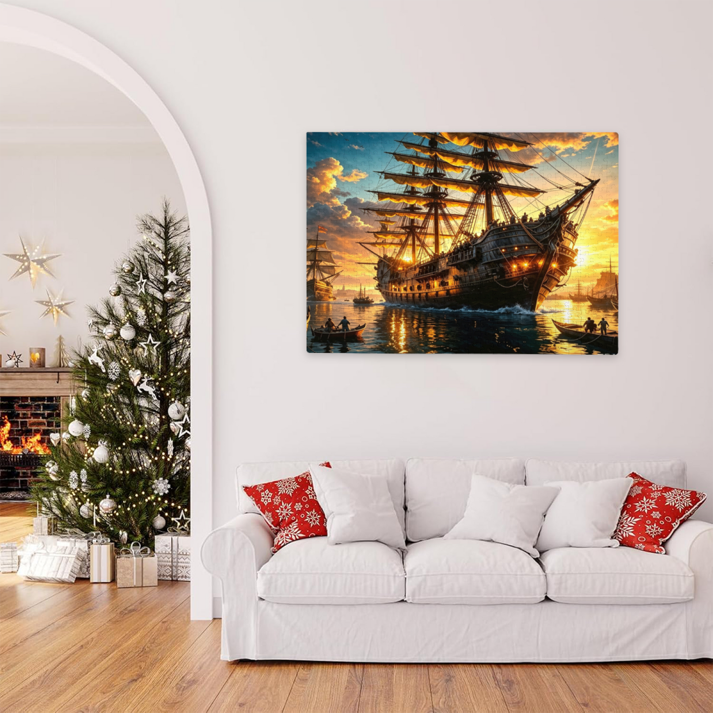 Sunset Giant Vintage Pirate Galleon Seascape Jigsaw Puzzle | Golden Hour Old Sailing Ship Ocean Puzzle 300/500/1000pcs