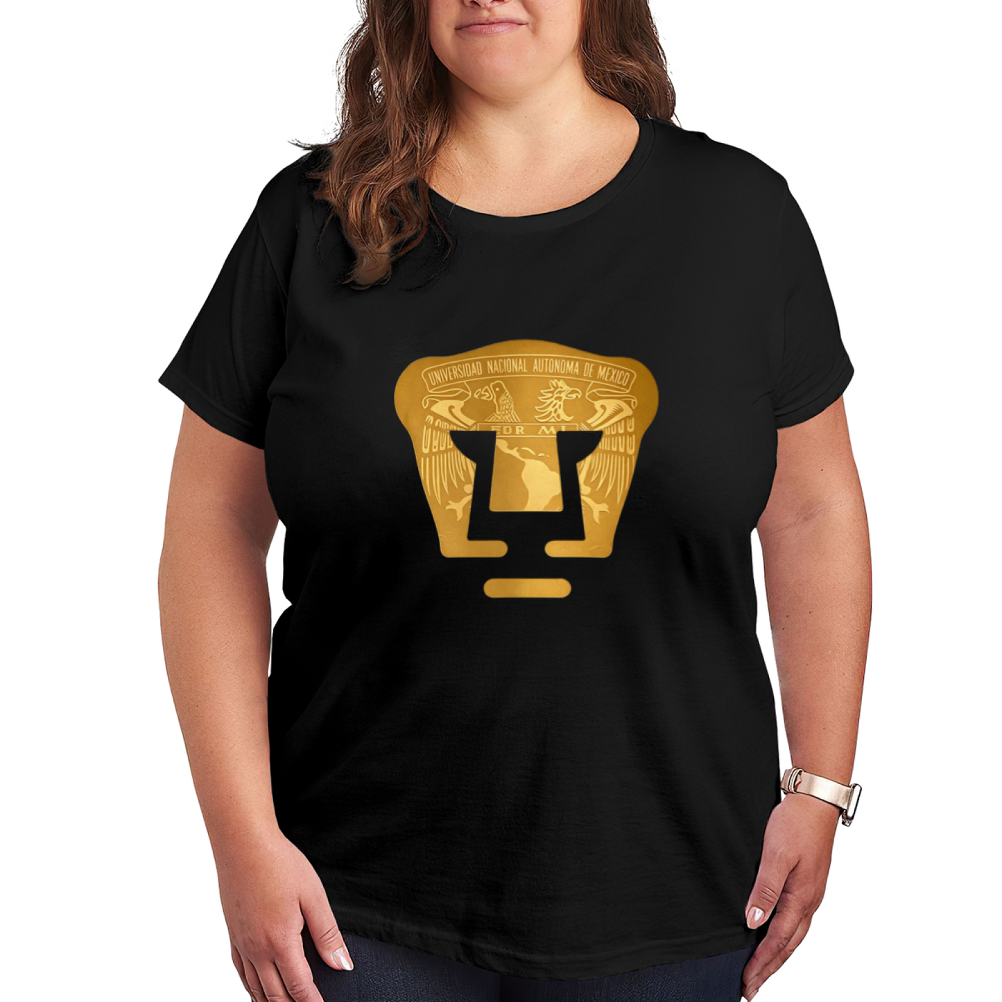 Golden UNAM University Mexico Emblem Plus Size Ladies T-Shirt