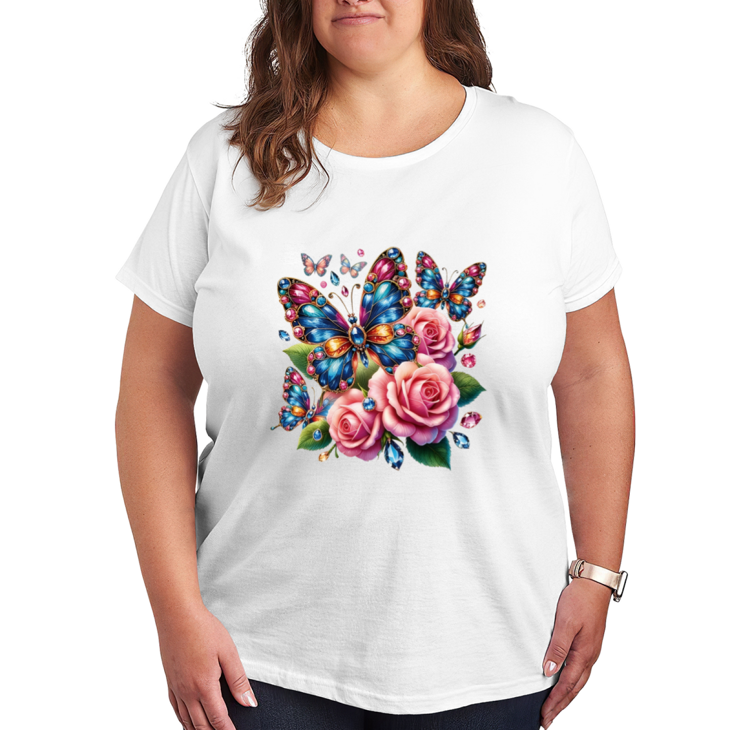 Shiny Gem Butterfly Pink Rose Floral Big Size T-Shirt