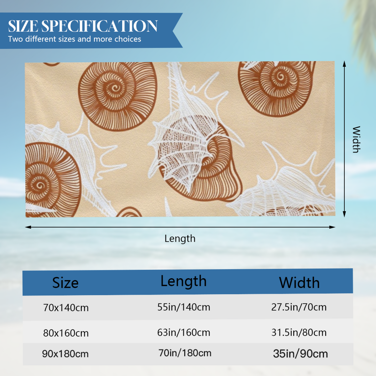 Vintage Beige Conch Spiral Shell Print Beach Towel, Smooth Soft & Instant Water Absorbing, Various Size Choices for Cozy Coastal Vacation Relaxation