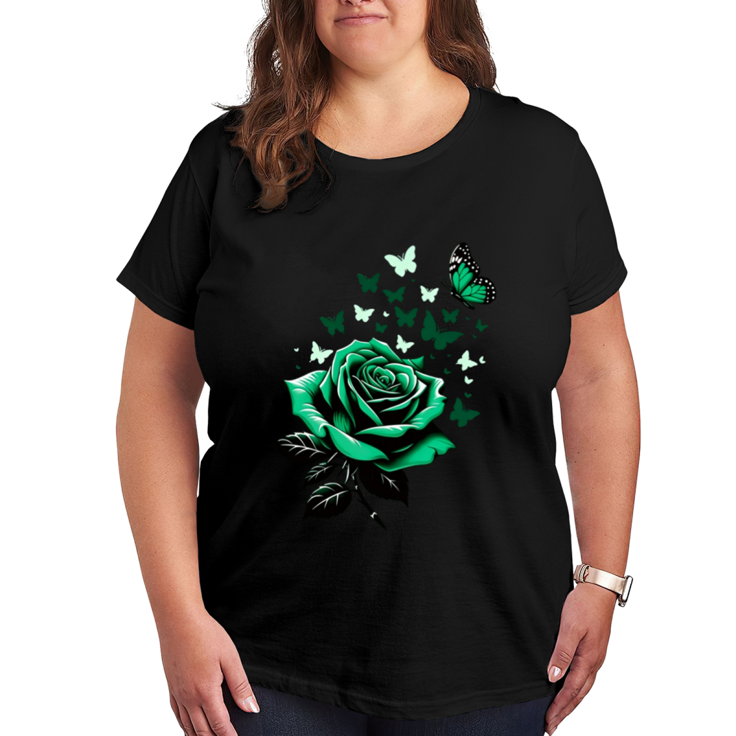Fresh Green Rose & Floating Green Butterflies Art Print Plus Size Women Printed T-Shirt