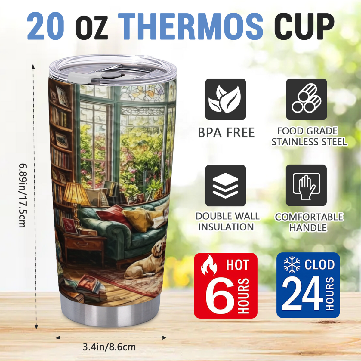 Warm Sunlit Library Bay Window Lazy Dog Reading Tumbler