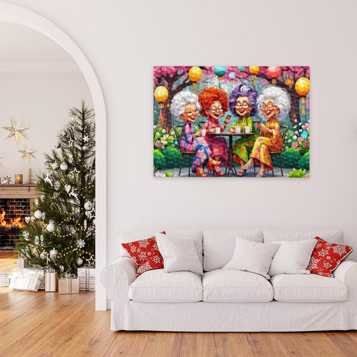 Four Cheerful Grandma Besties Garden Tea Party Lantern Puzzle | 300/500/1000 Pieces