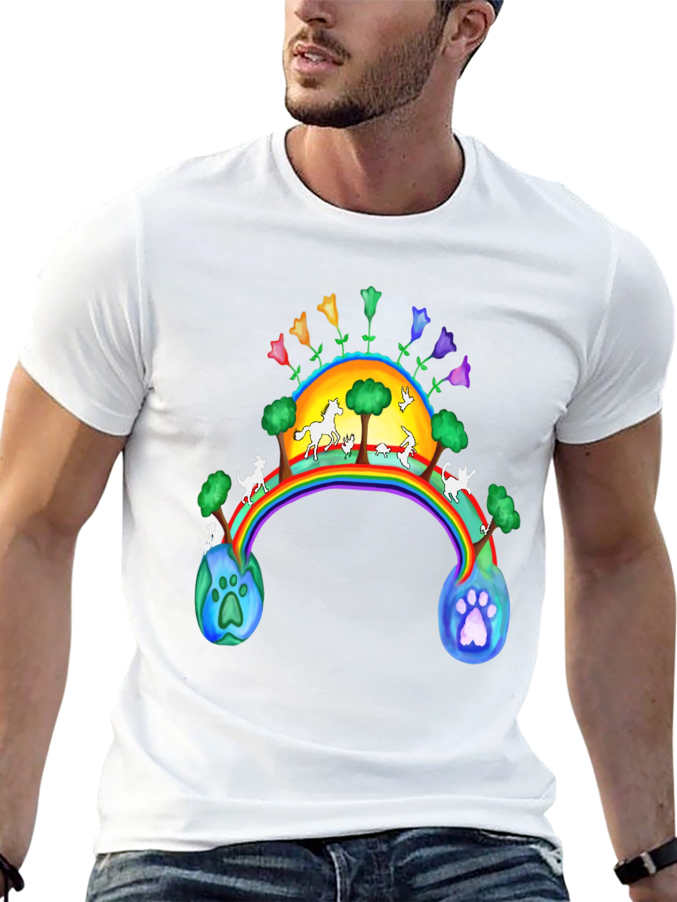 Rainbow Bridge Earth Paw Print Black T-Shirt