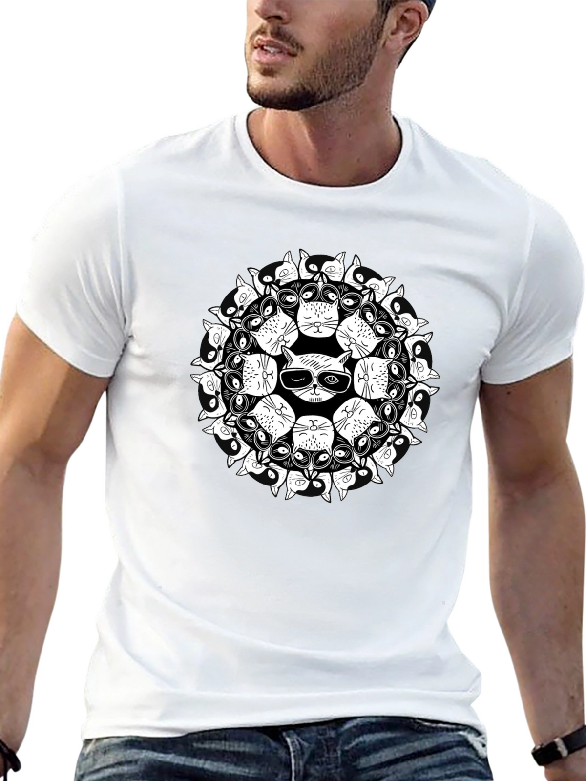 Cool Cat Mandala Black T-Shirt