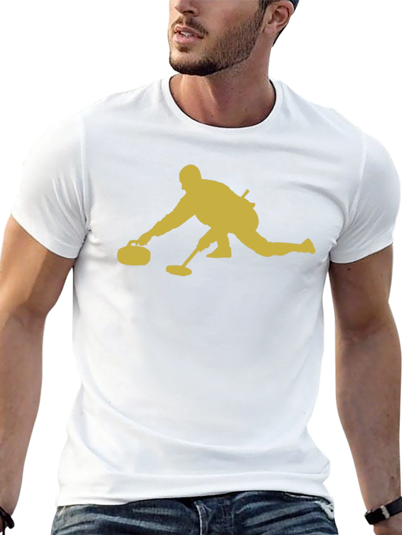Curling Player Graphic Tee - Black Cotton T-Shirt