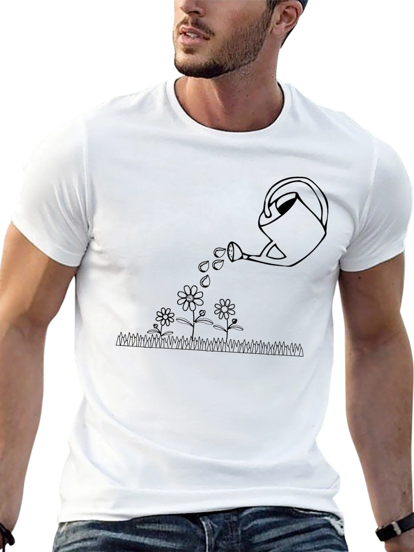 Watering Can Flowers Graphic Tee - Black Cotton T-Shirt