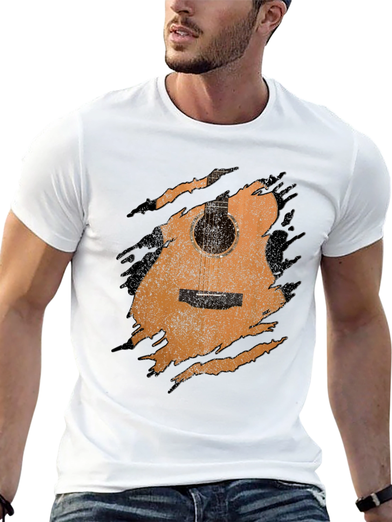 Guitar Graphic Tee - Distressed Acoustic Design Musician Shirt