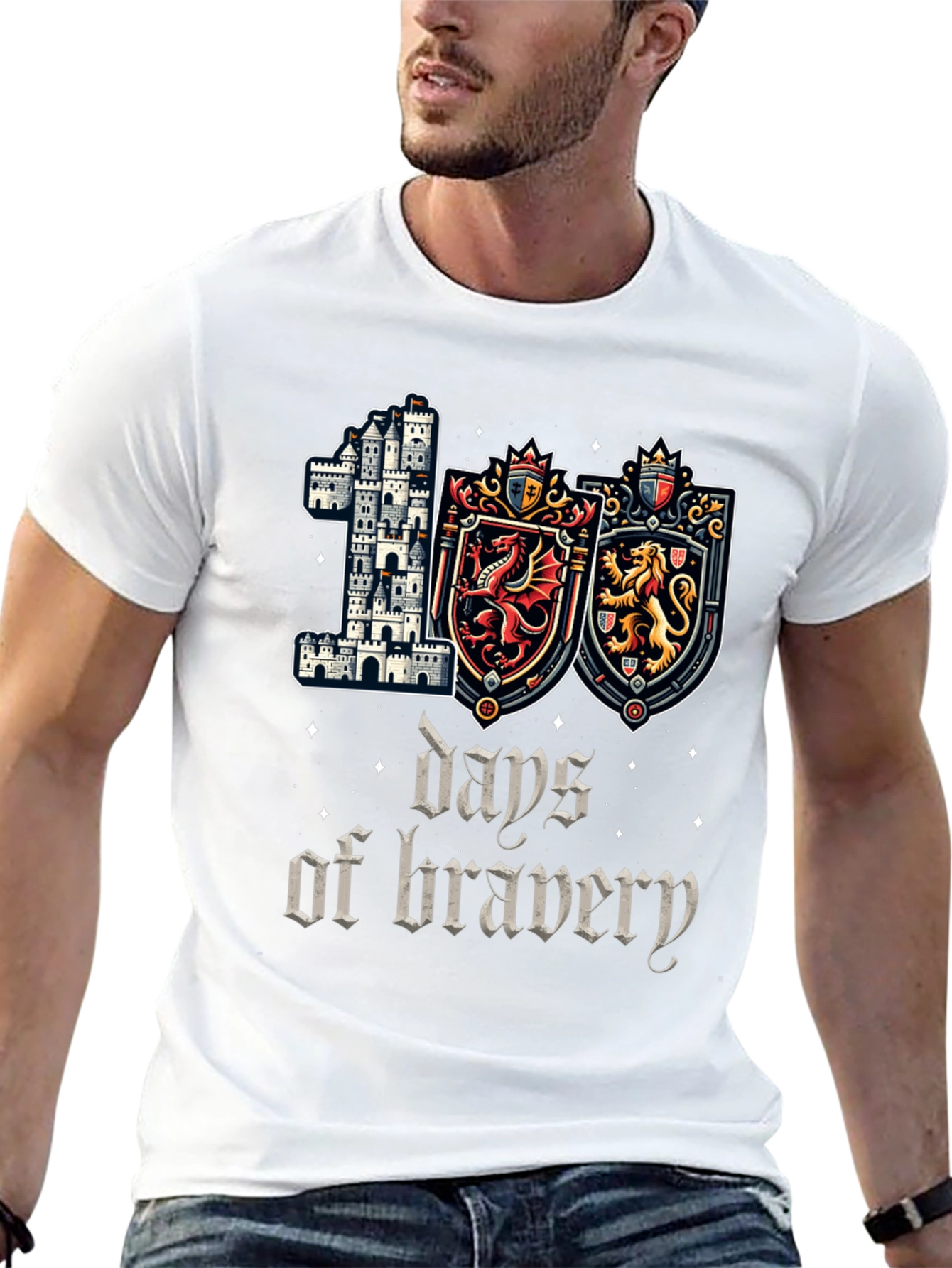 100 Days of Bravery T-Shirt Medieval Castle Shield Dragon Lion