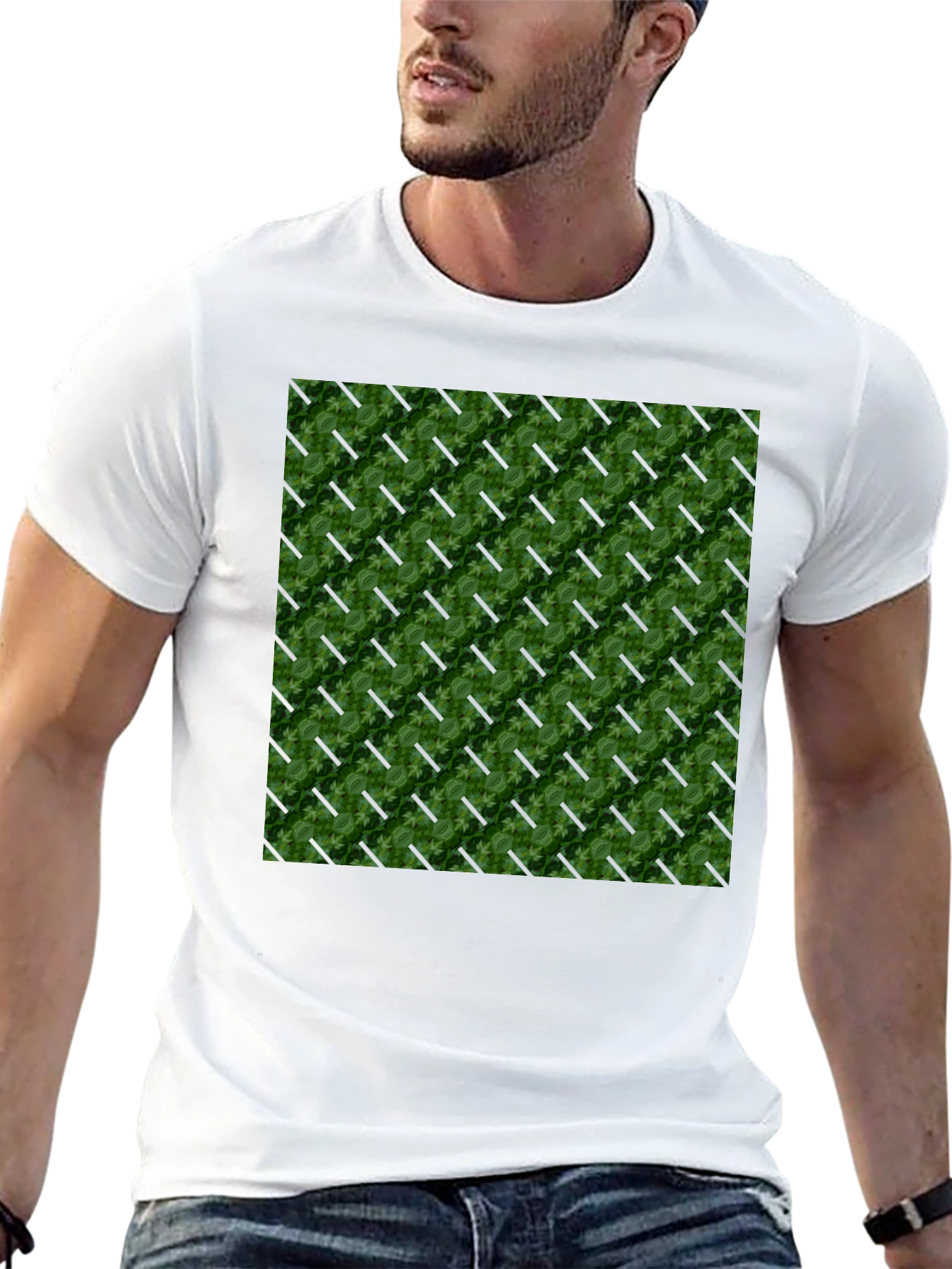 Green Leaf Pattern Black T-Shirt