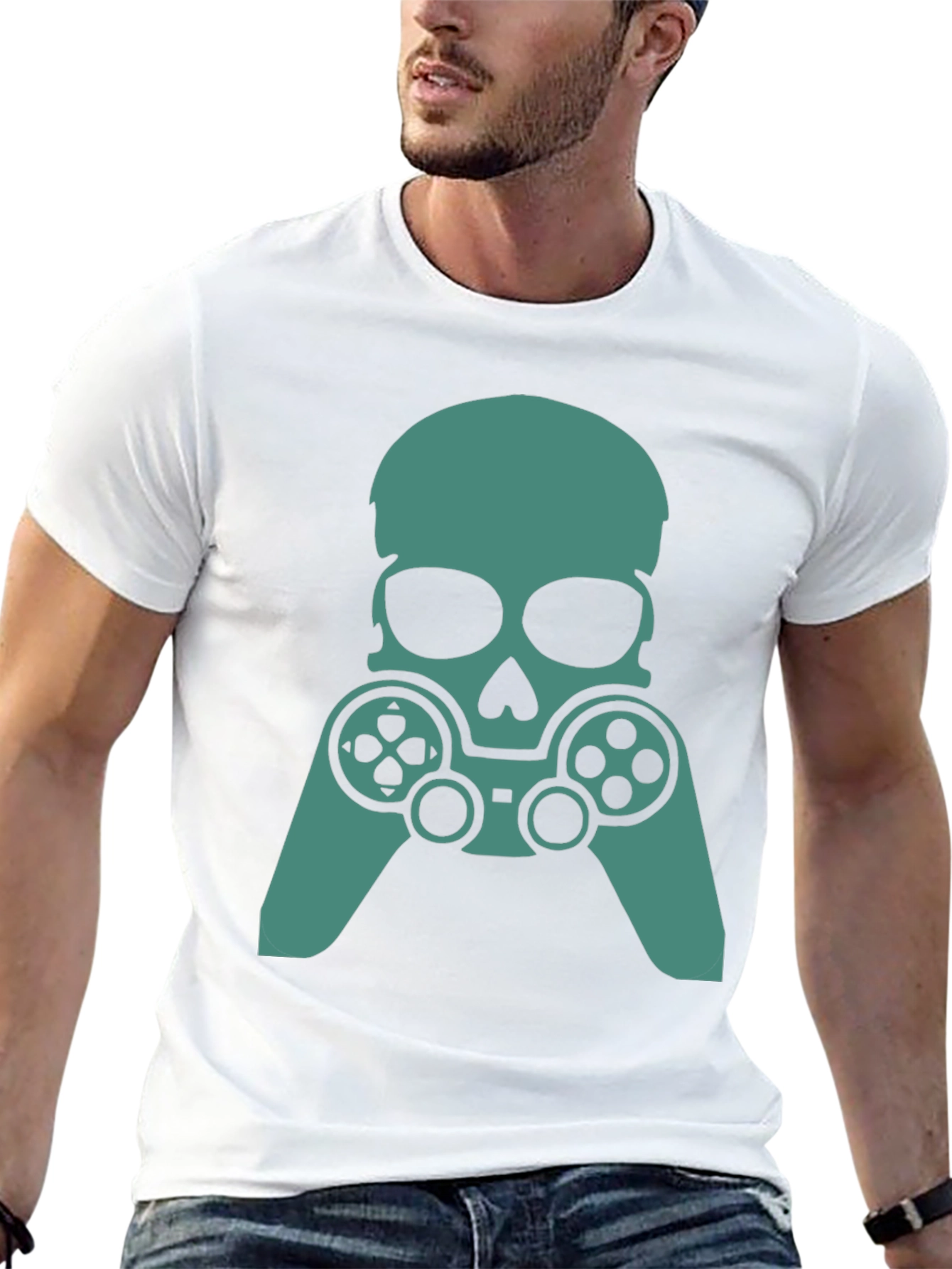 Gamer Skull Graphic Tee - Black Cotton Blend