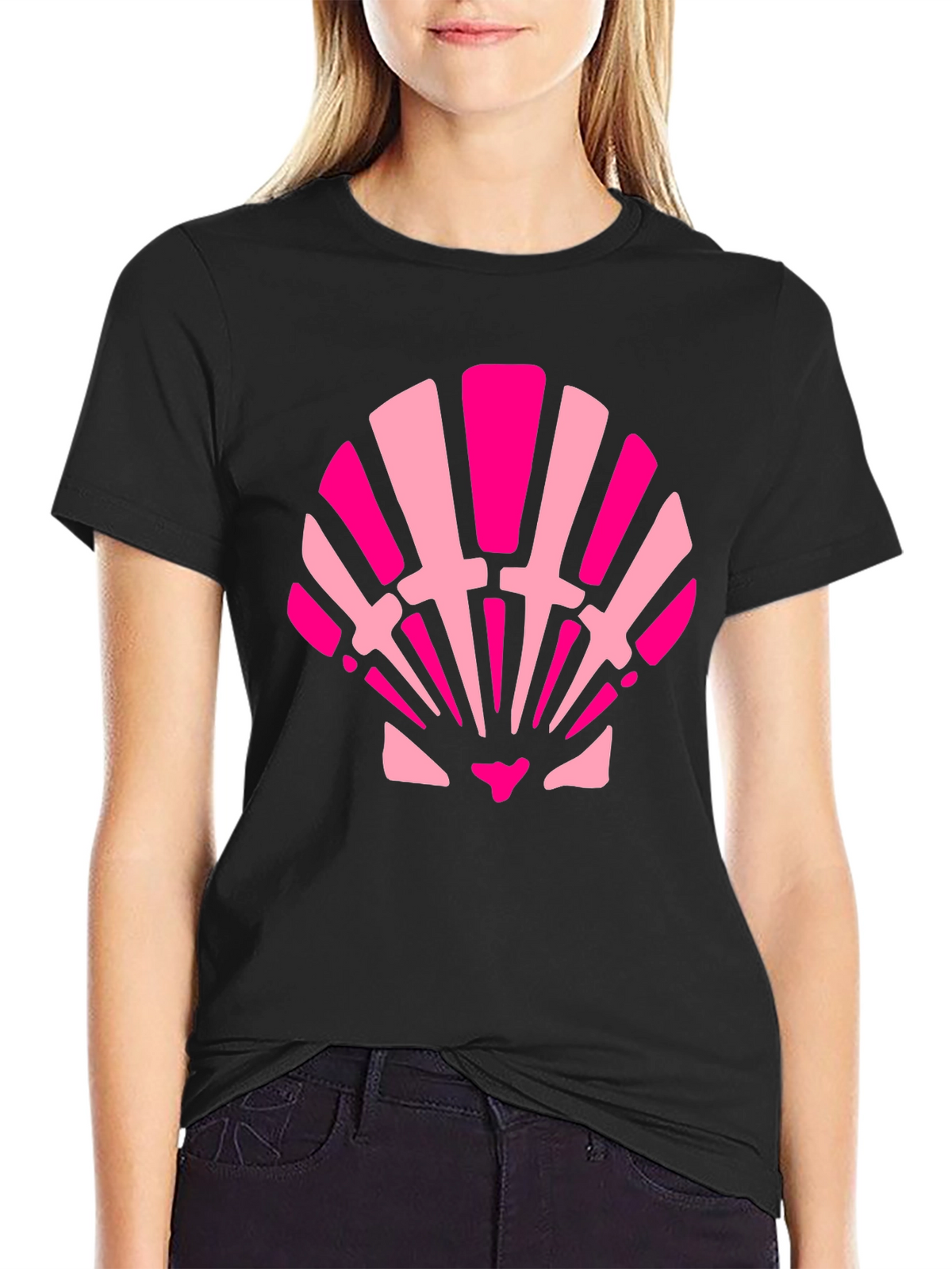 Pink Seashell Graphic Tee - Black Cotton Blend